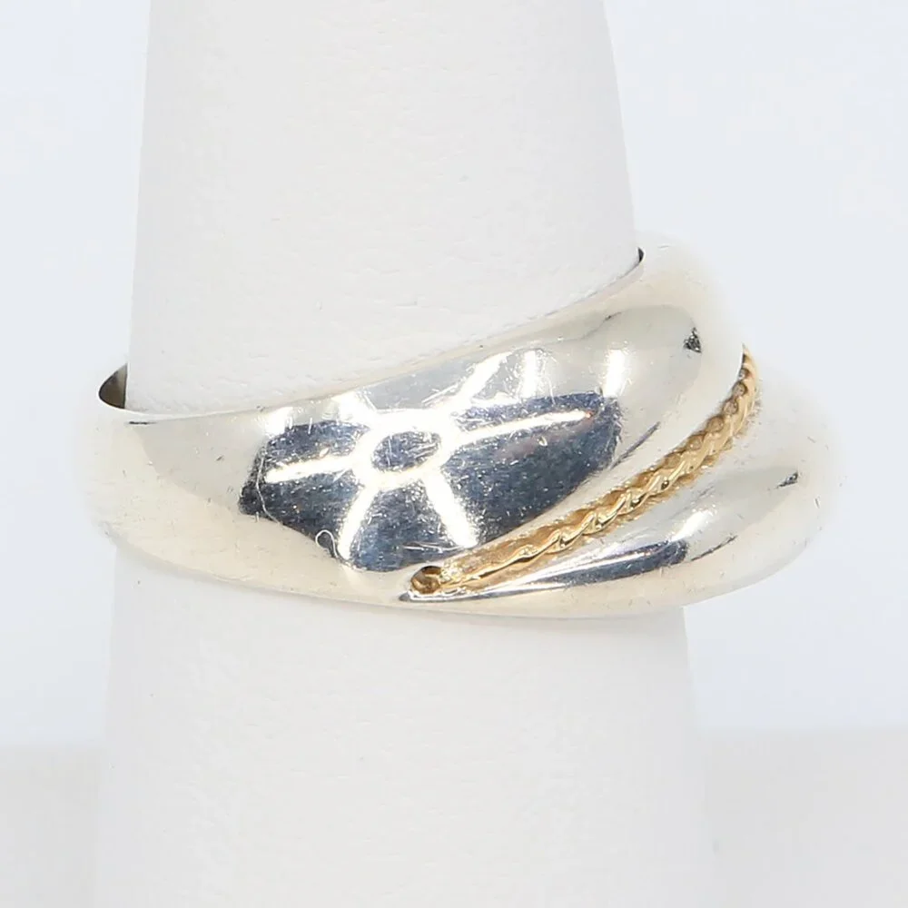 Vintage Chunky Sterling Silver With 18K Gold Twisted Rope Ring Size 6.75 1980s
